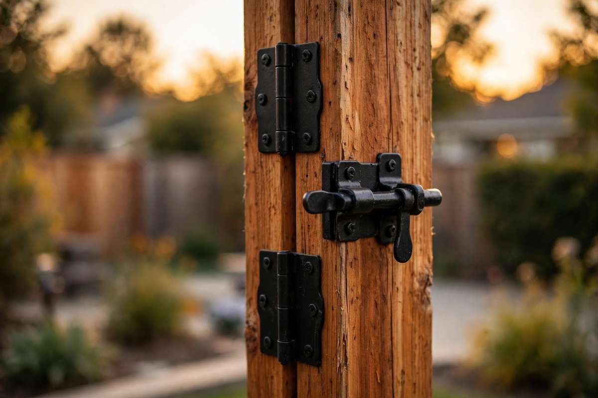 Gate latch and hinges on a cedar fence post at sunset